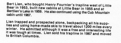 Excerpt about the lake's namesake Bert Lien from "Over the Narrow Hills" written by Rosemary Nemeth.