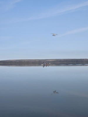 Calm morning on lower fishing lake. 