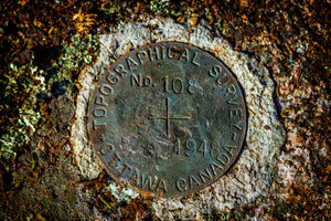 survey marker located near a fire ring at a campsite on the north end of the lake