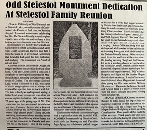 Newspaper article about the Odd Steiestol Monument dedication.