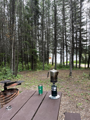 Making coffee at one of the campsites with a lake view.