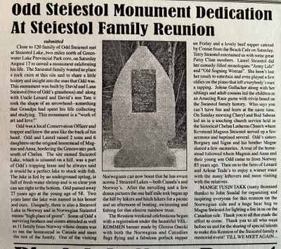 Newspaper article about the Odd Steiestol Monument dedication.