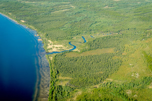 looking at the Southern end of the Methye Portage from the air