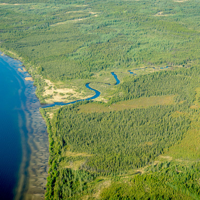 looking at the Southern end of the Methye Portage from the air