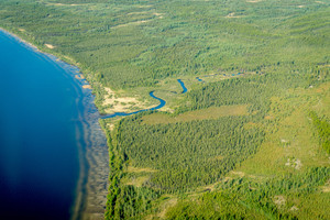 looking at the Southern end of the Methye Portage from the air