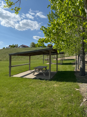 Covered picnic areas near the beach.