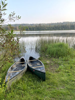 Canoes docked at the campground.