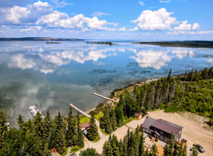 Aerial view of lake from Dore Lake Lodge